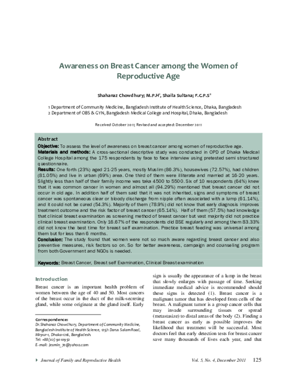(PDF) Awareness on Breast Cancer among the Women of Reproductive Age