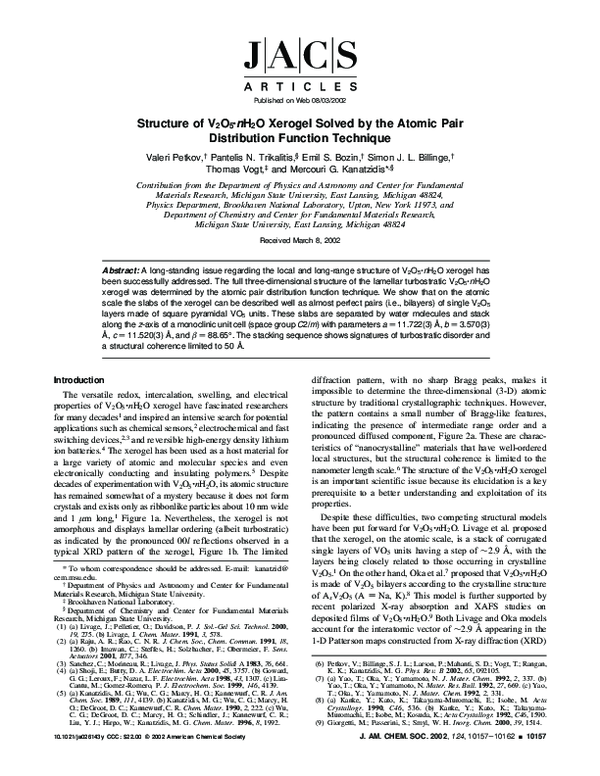 (PDF) Structure of V 2 O 5 · n H 2 O Xerogel Solved by the Atomic Pair ...
