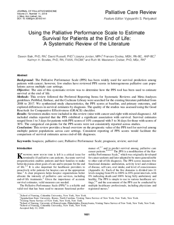 (PDF) Using the Palliative Performance Scale to Estimate Survival for ...