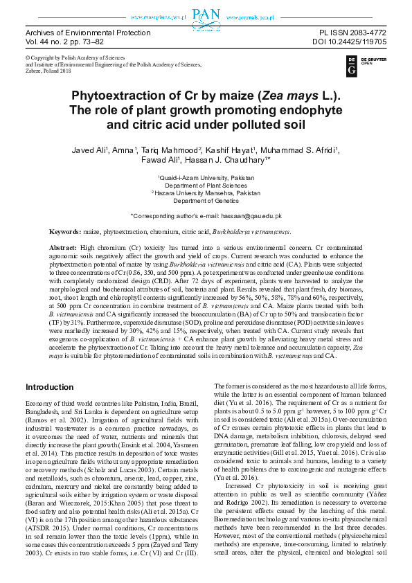 (PDF) Phytoextraction of Cr by maize (Zea mays L.).The role of plant ...