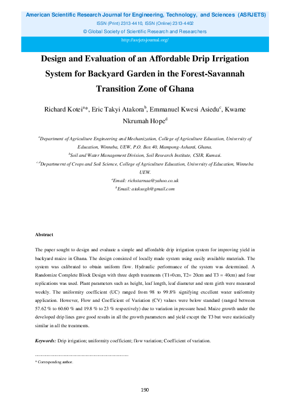 (PDF) Design and Evaluation of an Affordable Drip Irrigation System for ...