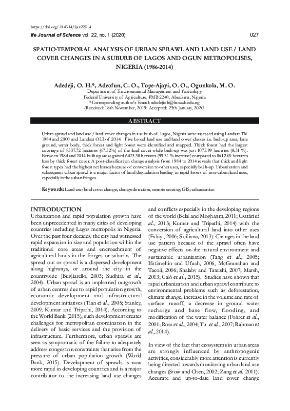 (PDF) Spatio-temporal analysis of urban sprawl and land use / land ...