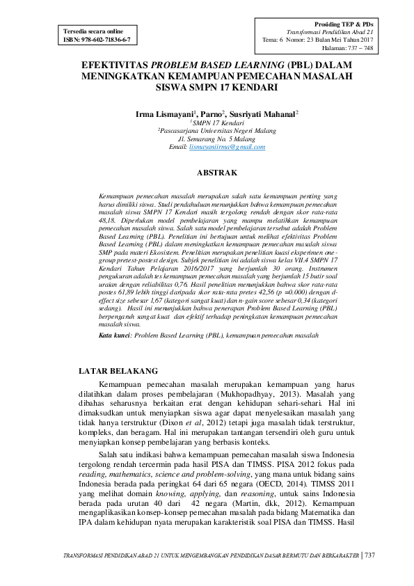 (PDF) Efektivitas Problem Based Learning (PBL) Dalam Meningkatkan ...