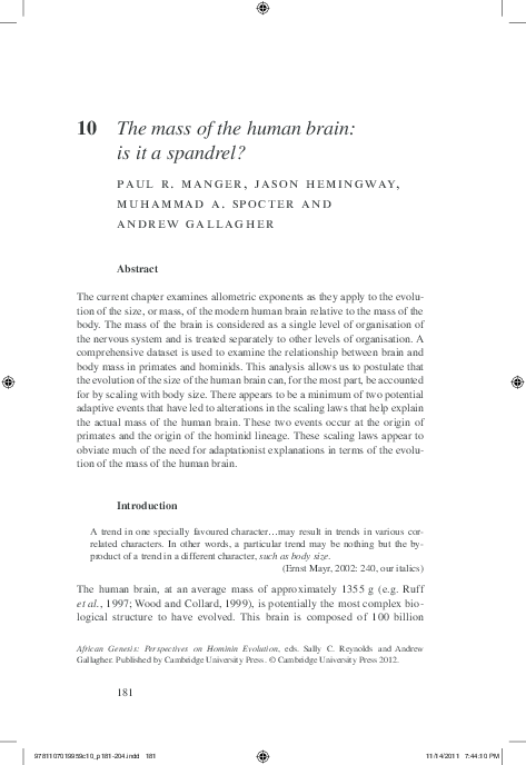 First page of “The mass of the human brain: is it a spandrel?”