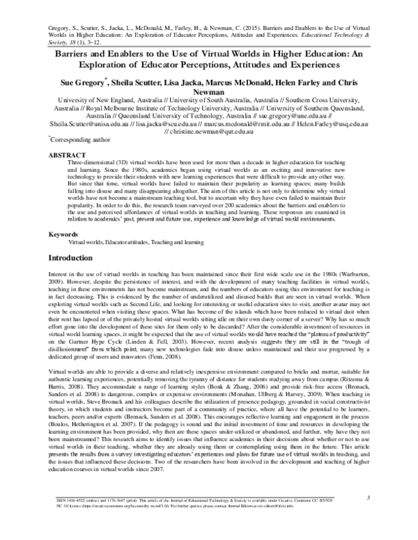 (PDF) Barriers and Enablers of Virtual Worlds in Higher Education