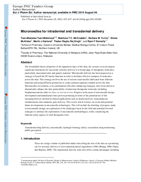 (PDF) Microneedles for intradermal and transdermal drug delivery