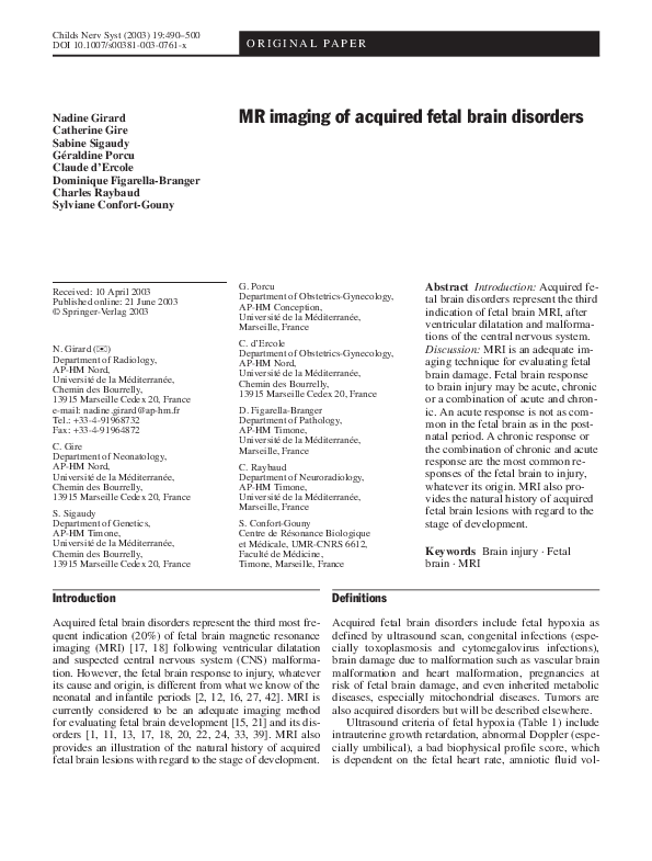 (PDF) MR imaging of acquired fetal brain disorders