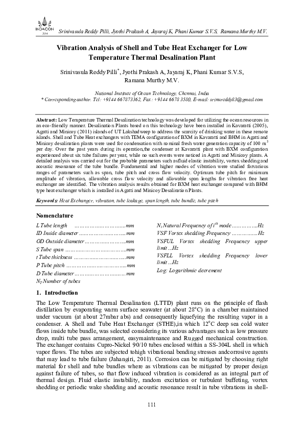 (PDF) Vibration analysis of shellandtube heat exchangers an overview
