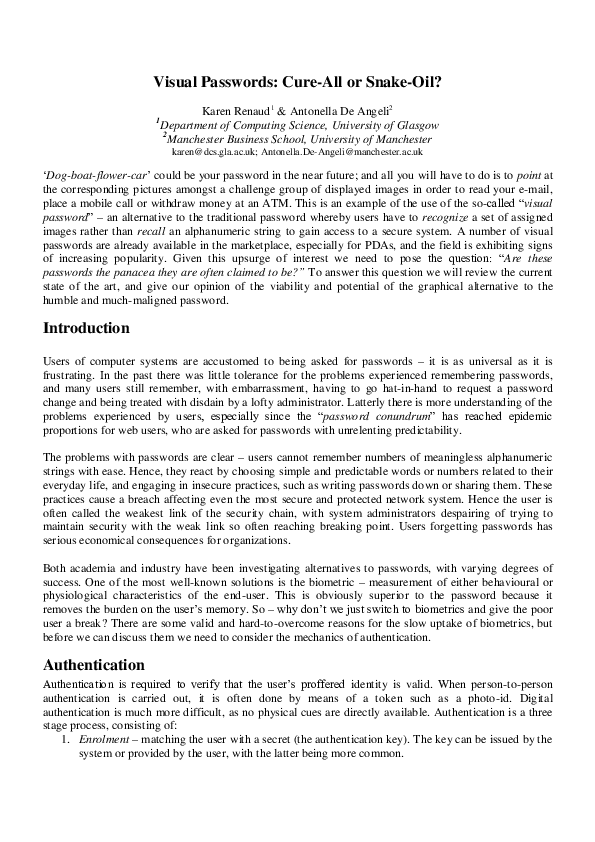 (PDF) Visual passwords: cure-all or snake-oil?