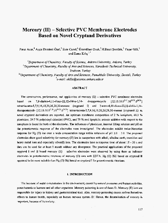 (PDF) Mercury (II) - Selective PVC Membrane Electrodes Based on Novel ...