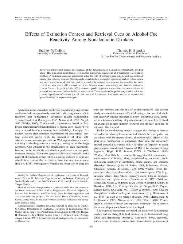 (PDF) Effects of extinction context and retrieval cues on alcohol cue ...
