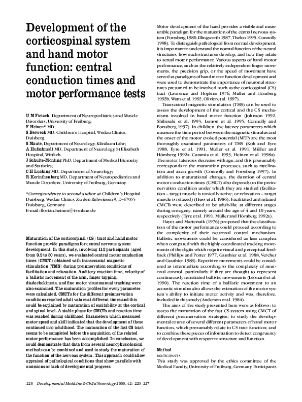 (PDF) Development of the corticospinal system and hand motor function ...