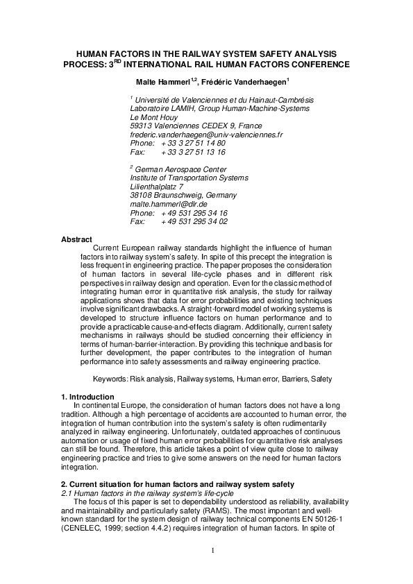 (PDF) Human factors in the railway system safety analysis process