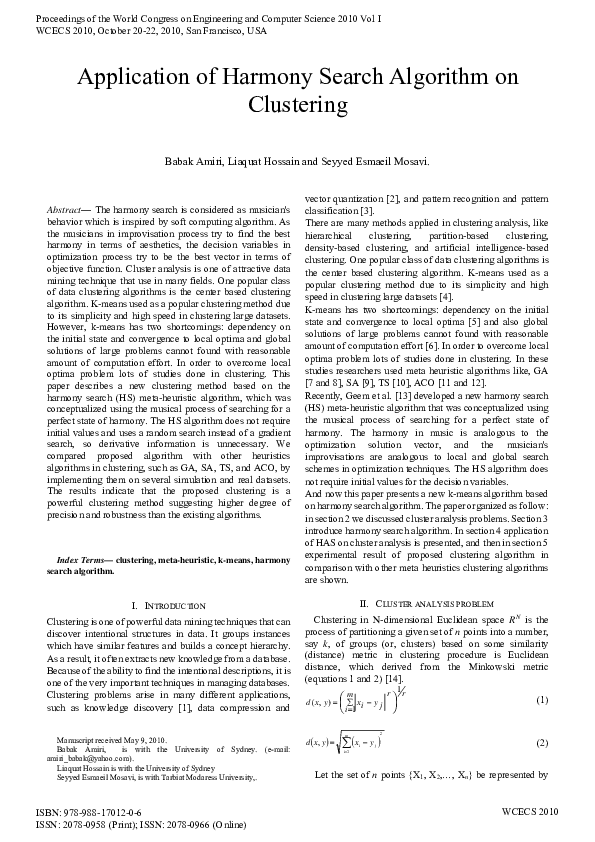 (PDF) Application of Harmony Search Algorithm on Clustering