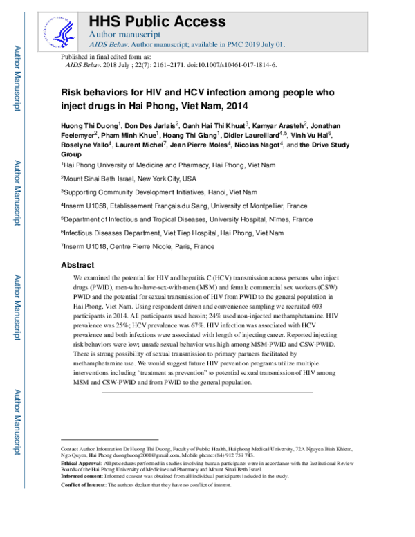 (PDF) Risk Behaviors for HIV and HCV Infection Among People Who Inject ...