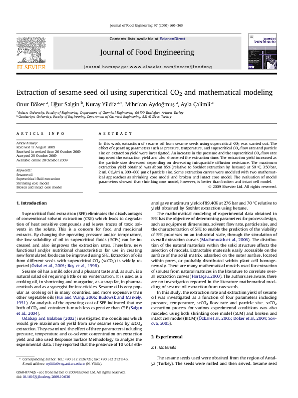 (PDF) Extraction of sesame seed oil using supercritical CO2 and