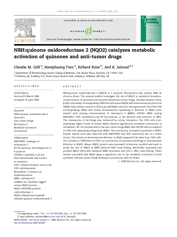 (PDF) NRHquinone oxidoreductase 2 (NQO2) catalyzes metabolic
