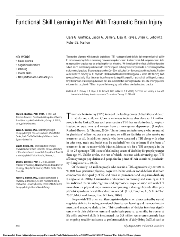 (PDF) Functional Skill Learning in Men With Traumatic Brain Injury