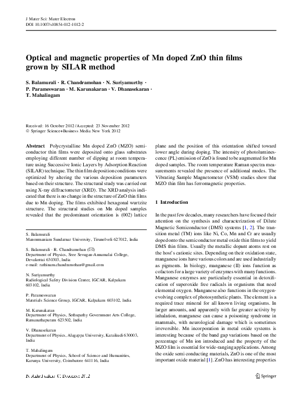 (PDF) Optical and magnetic properties of Mn doped ZnO thin films grown ...