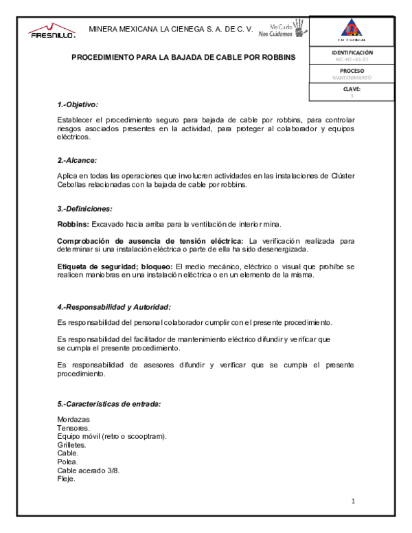 (DOC) PROCEDIMIENTO PARA LA BAJADA DE CABLE POR ROBBINS