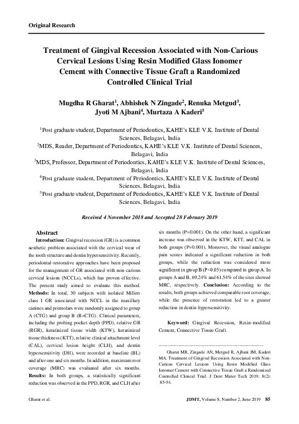(PDF) Treatment of Gingival Recession Associated with NonCarious Cervical Lesions Using Resin