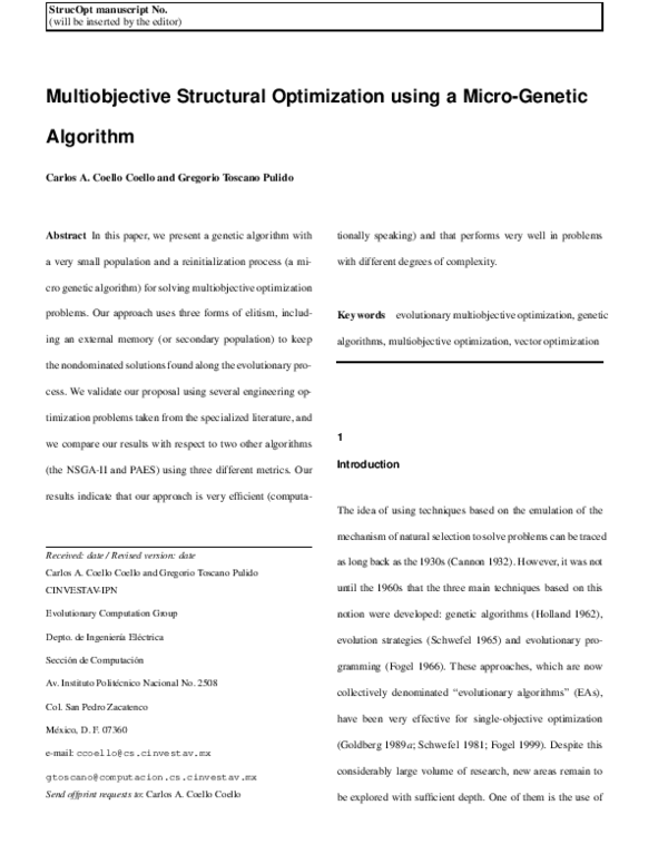(PDF) Multiobjective structural optimization using a microgenetic algorithm