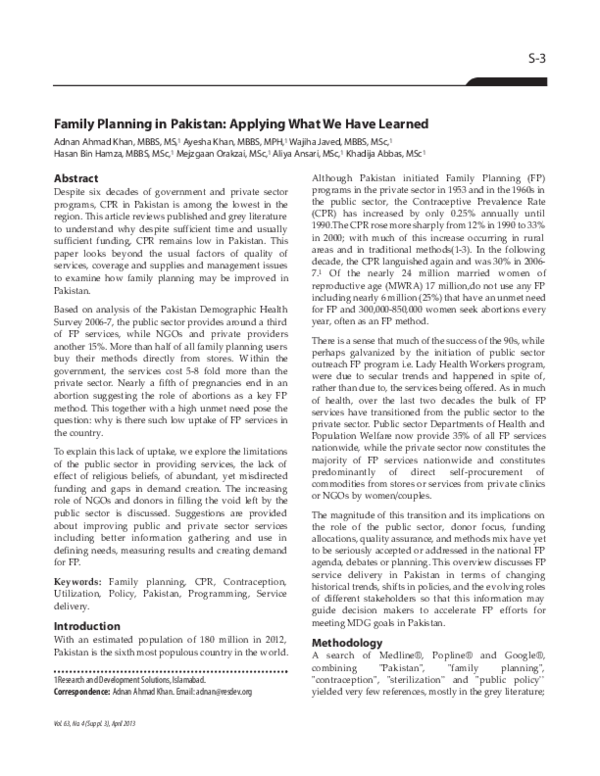(PDF) Family planning in Pakistan applying what we have learned