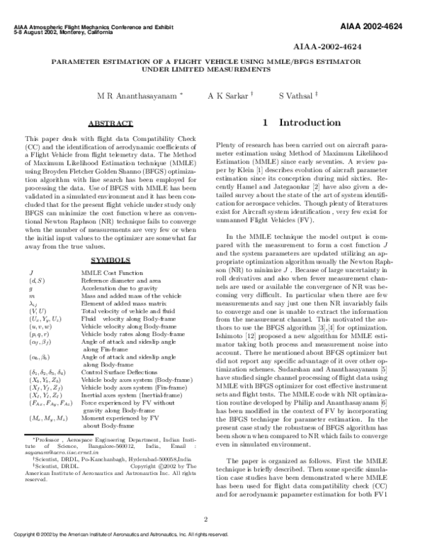 (PDF) Parameter Estimation of a Flight Vehicle Using MMLE/BFGS ...