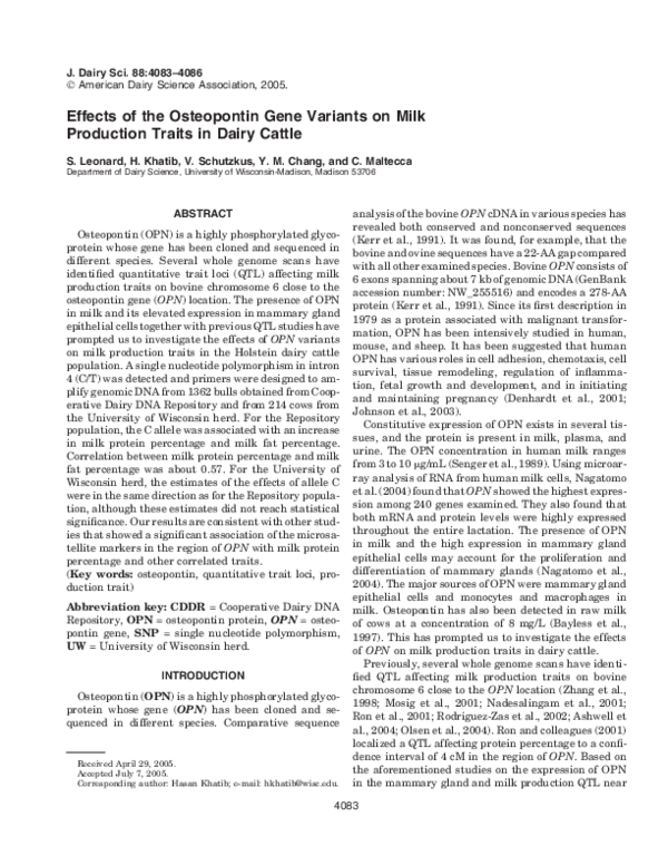 (PDF) Effects of the Osteopontin Gene Variants on Milk Production ...