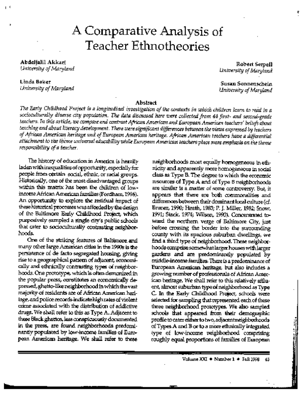 (PDF) A Comparative Analysis of Teacher Ethnotheories