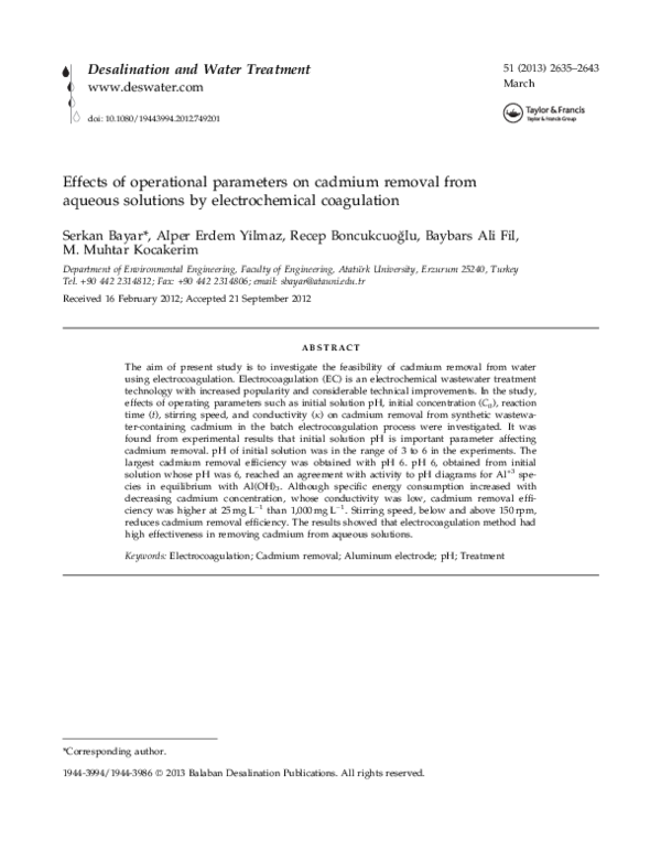 Effects of operational parameters on cadmium removal from aqueous solutions by electrochemical coagulation