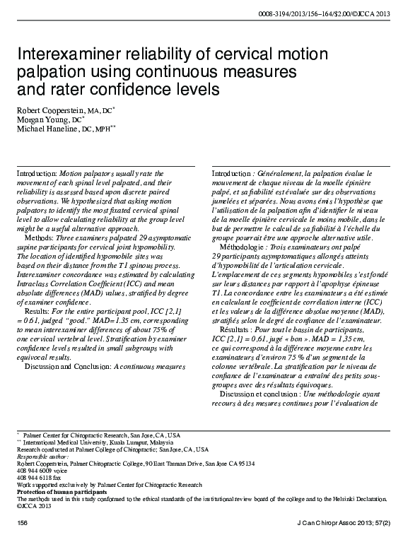 (PDF) Interexaminer reliability of cervical motion palpation using ...