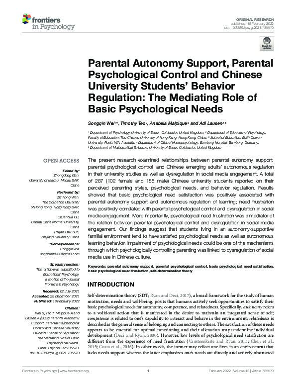 (PDF) Parental Autonomy Support, Parental Psychological Control and ...