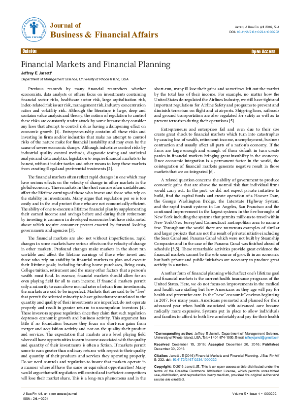 (PDF) Financial Markets and Financial Planning