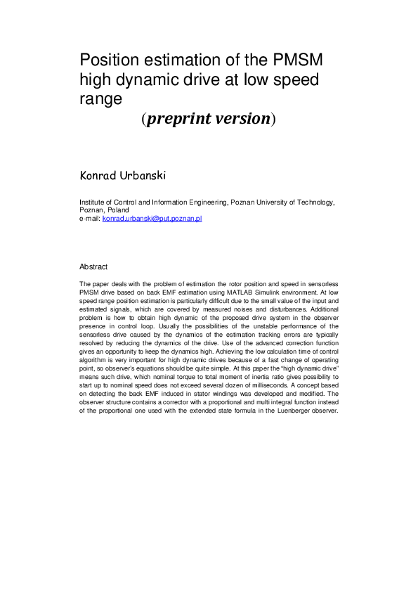 (PDF) Position Estimation of the PMSM High Dynamic Drive at Low Speed Range