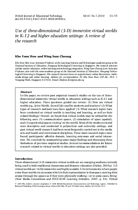 (PDF) Use of three-dimensional (3-D) immersive virtual worlds in K-12 ...