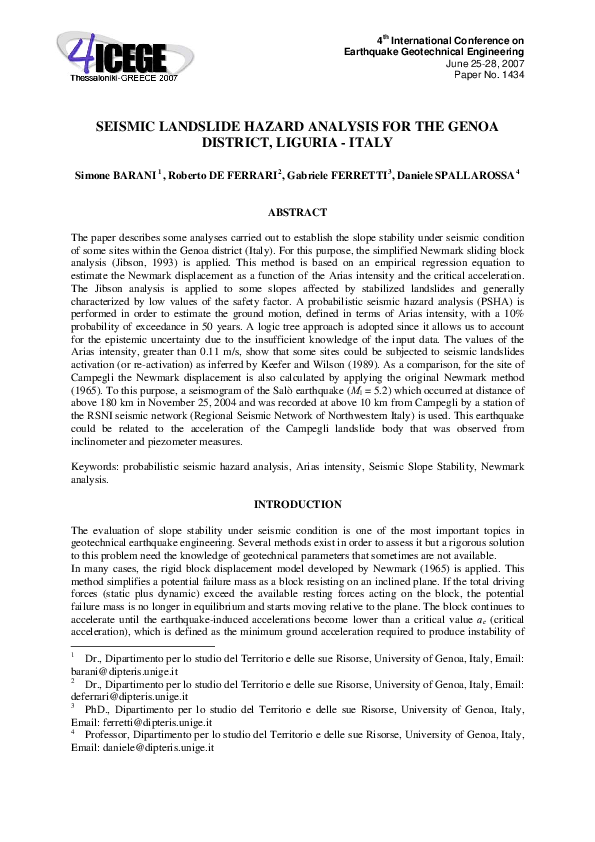 (PDF) Seismic Landslide Hazard Analysis for the Genoa District, Liguria ...