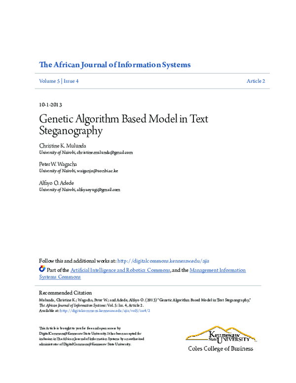 (PDF) Genetic Algorithm Based Model in Text Steganography