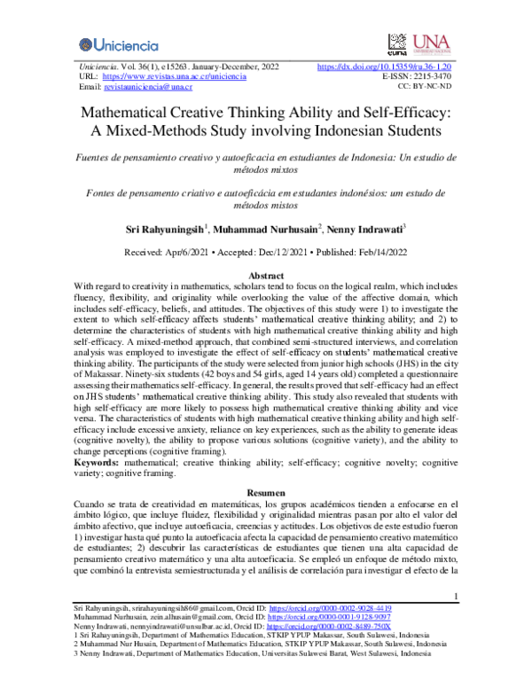 (PDF) Mathematical Creative Thinking Ability and Self-Efficacy: A Mixed ...