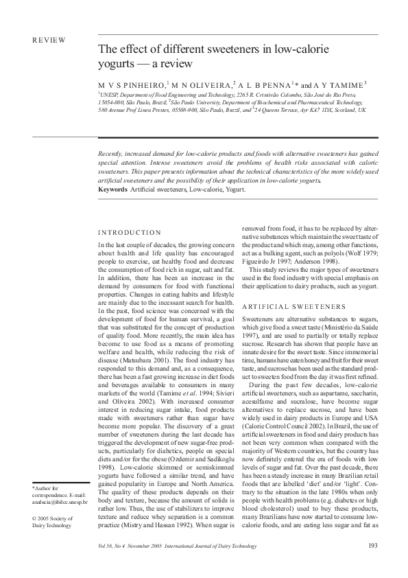 (PDF) The effect of different sweeteners in low-calorie yogurts - a review