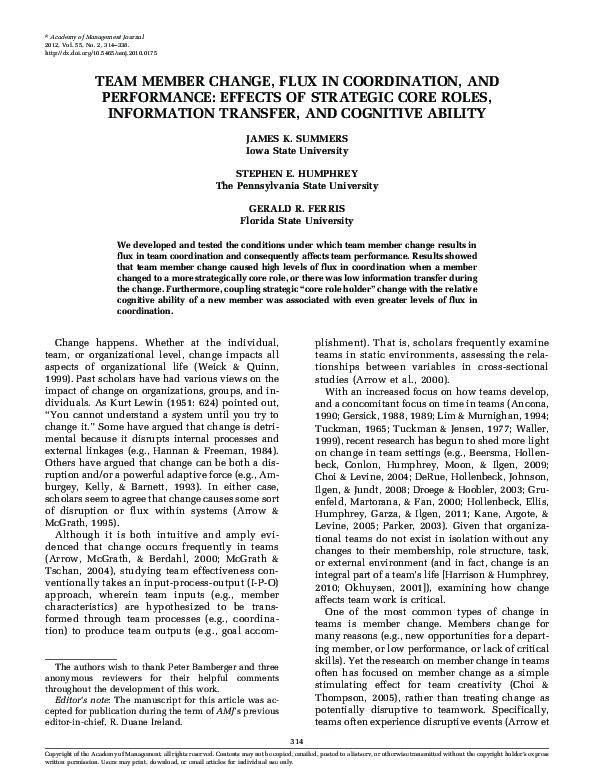 (PDF) Team Member Change, Flux in Coordination, and Performance ...