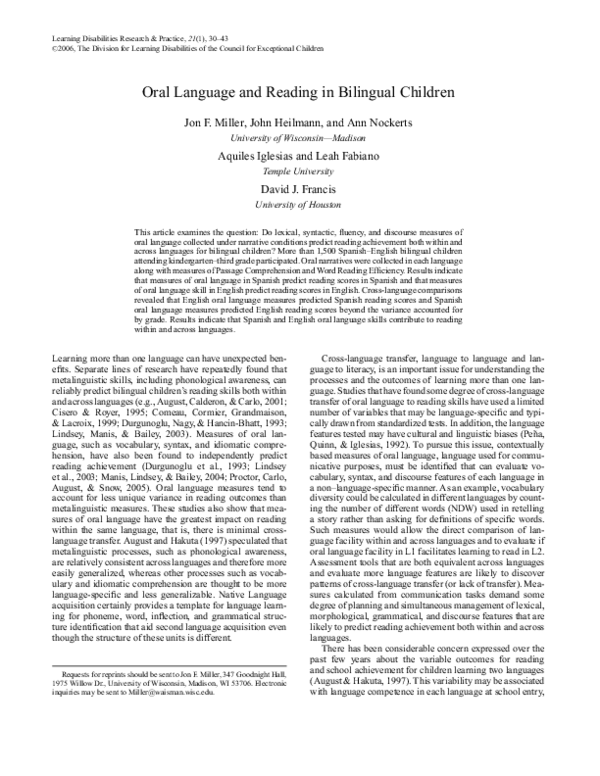 (PDF) Oral Language and Reading in Bilingual Children