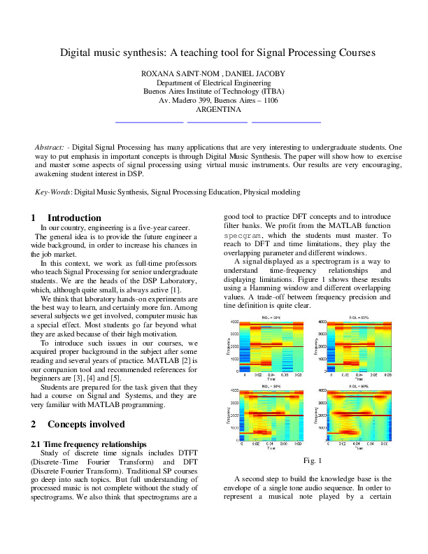 (PDF) Digital music synthesis A teaching tool for Signal Processing