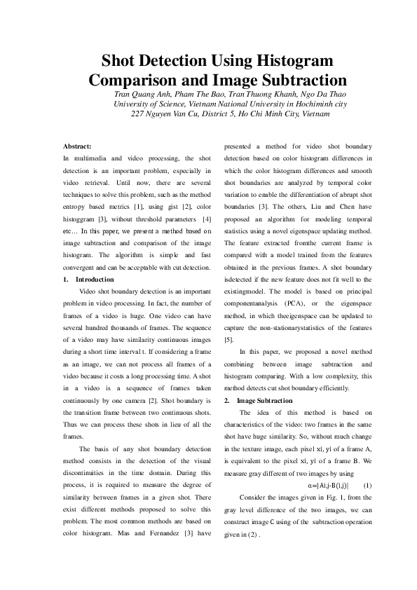 (PDF) Shot Detection Using Histogram Comparison and Image Subtraction