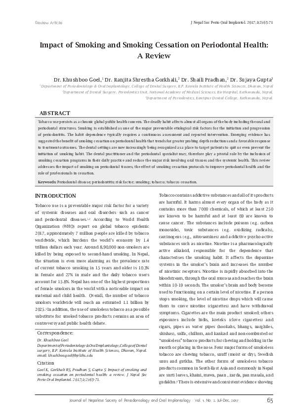 (PDF) Impact of Smoking and Smoking Cessation on Periodontal Health: A ...