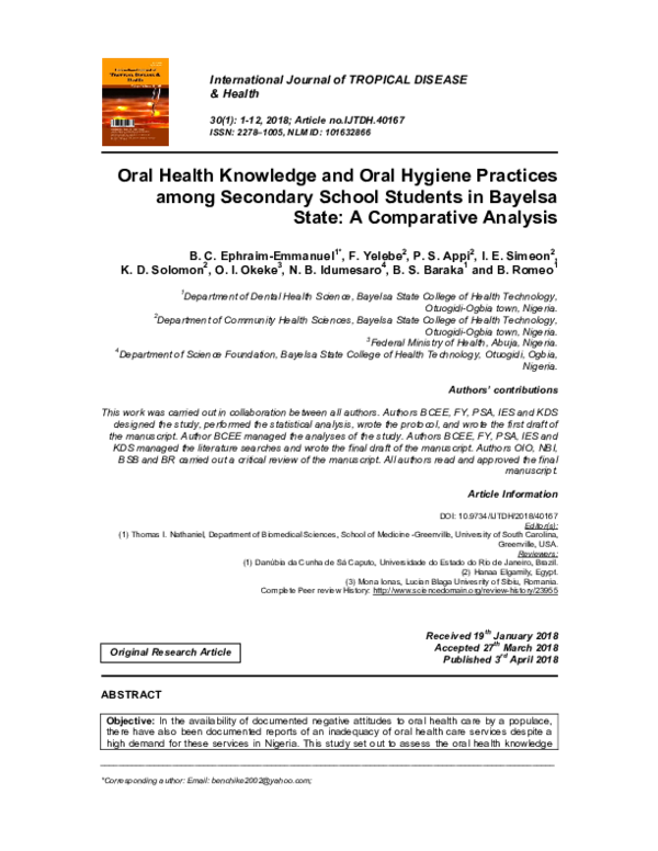 (PDF) Oral Health Knowledge and Oral Hygiene Practices among Secondary ...