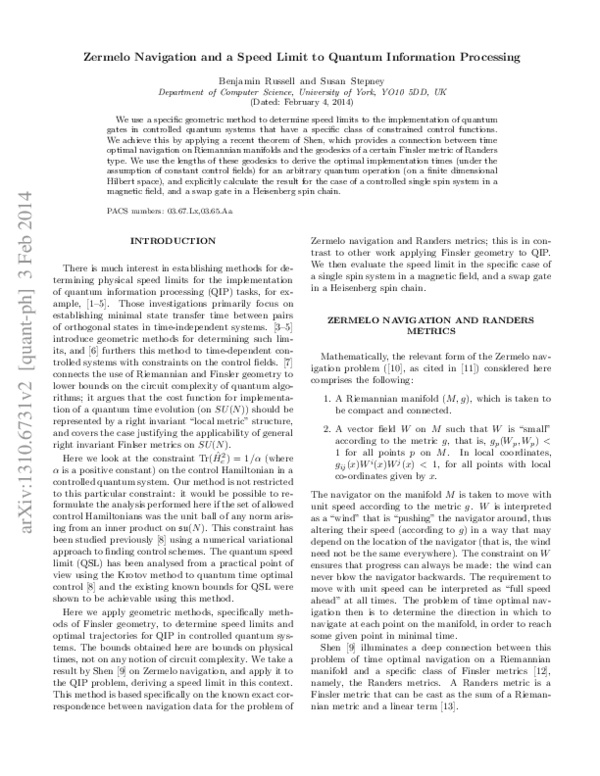 (PDF) Zermelo navigation and a speed limit to quantum information ...