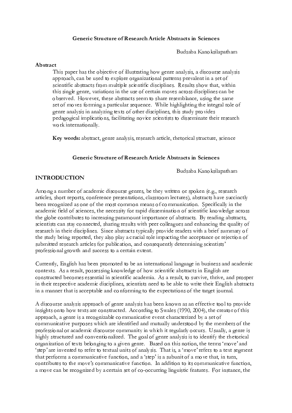 (PDF) Generic Structure of Research Article Abstracts in Sciences