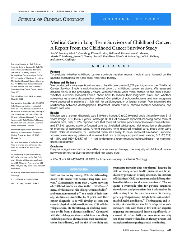 (PDF) Medical care in long-term survivors of childhood cancer: a report ...