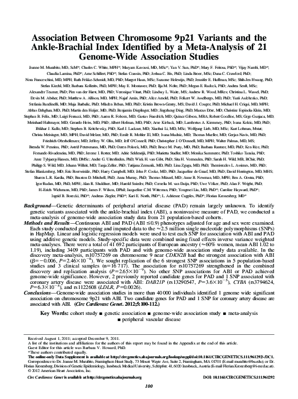 (PDF) Association Between Chromosome 9p21 Variants and the Ankle ...